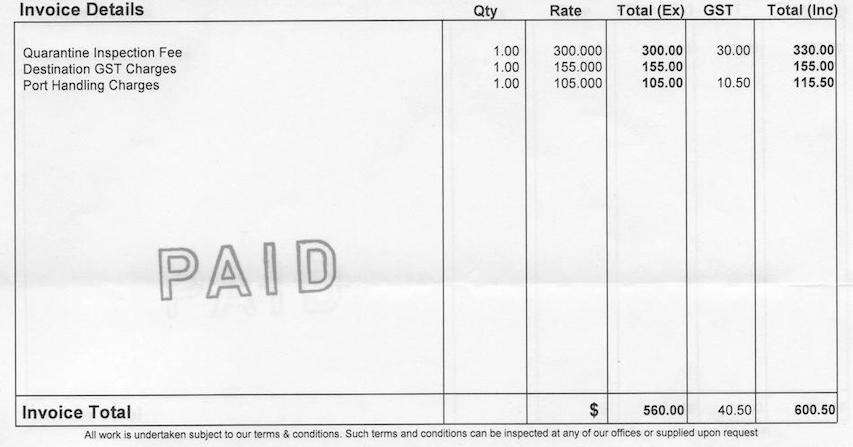 Final Invoice When Shipment Arrived in Australia