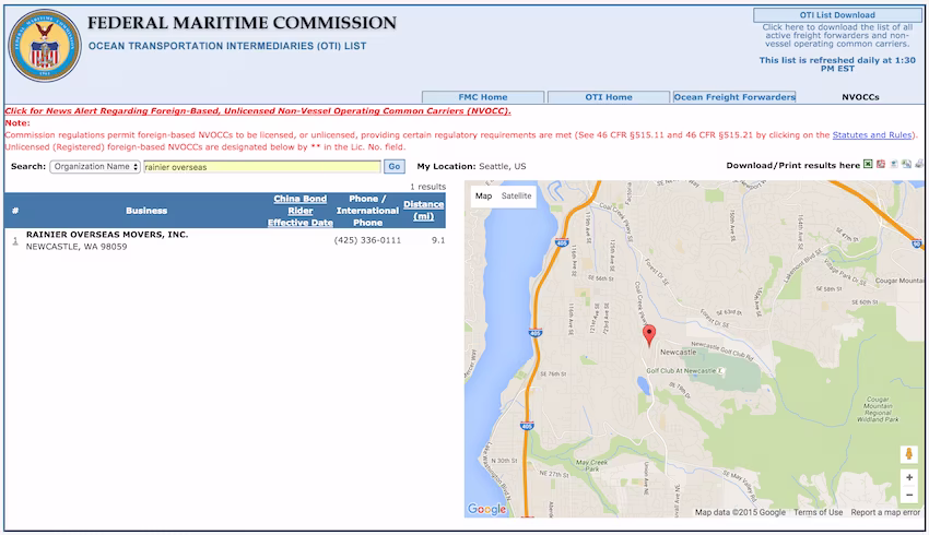 Federal Maritime Commission Listing Example