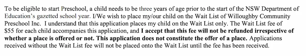 Preschool fee fine print